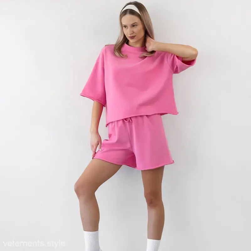 Pink Summer Loose Fit Top and Shorts Set showcasing a comfortable lounge style