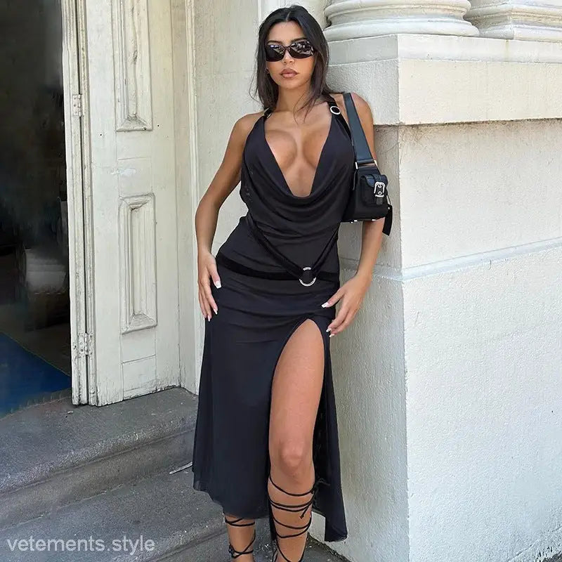 Summer sexy backless black halter dress with thigh-high slit for parties