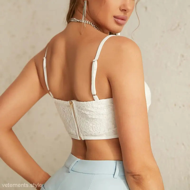 White lace crop top with thin straps and rear zipper on Summer Sexy Boning Corset