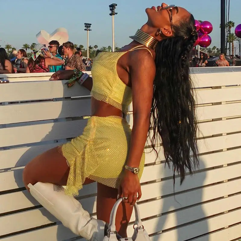 Summer Mesh Set: Halter Top and Crop Skirt Ensemble