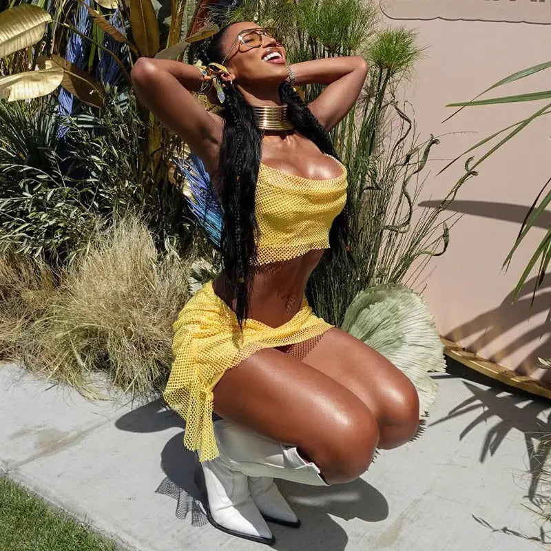 Summer Mesh Set: Halter Top and Crop Skirt Ensemble