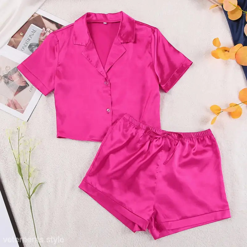 Pink satin pajama set featuring sleeve shorts for summer sporty pajamas and comfort