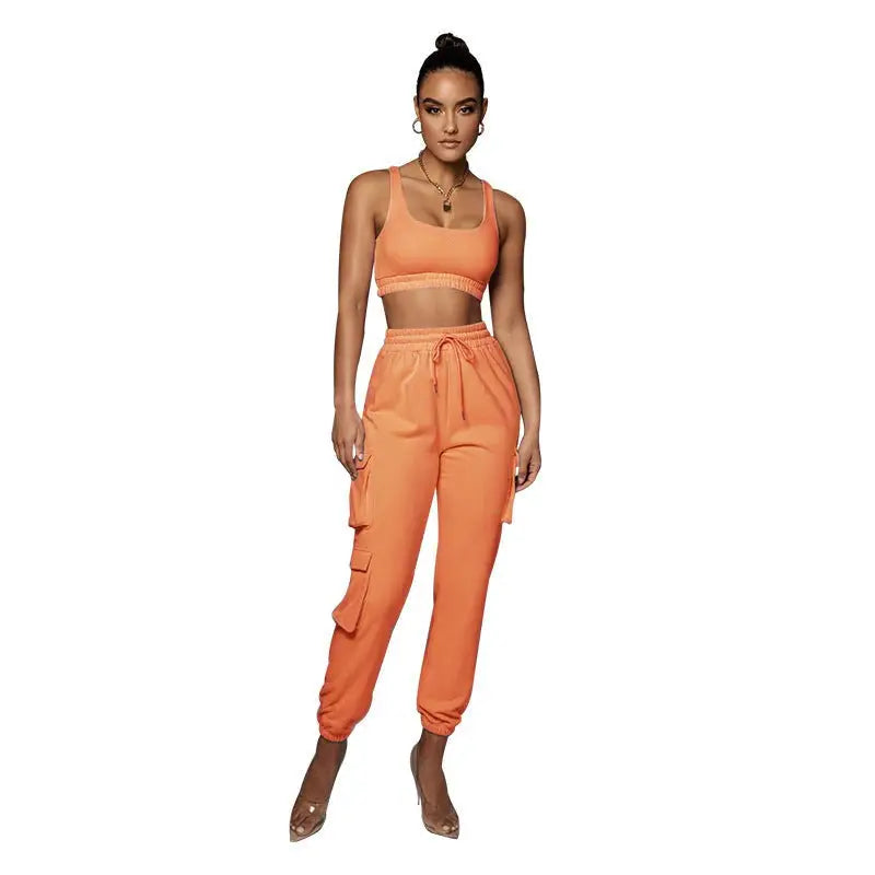 Summer two piece set: body shaping vest and pocket ankle tied trousers