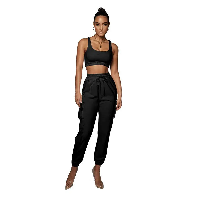 Black satin jogger pants in two piece set with body shaping vest