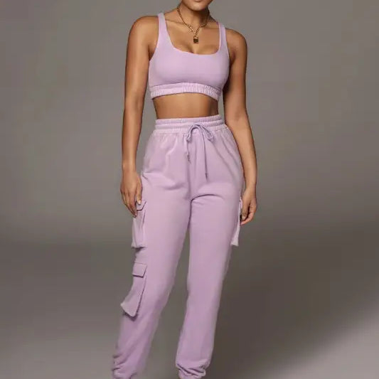 Summer two piece set: body shaping vest and pocket ankle tied trousers