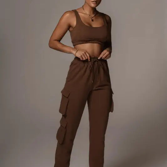 Summer two piece set: body shaping vest and pocket ankle tied trousers