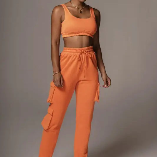 Summer two piece set: body shaping vest and pocket ankle tied trousers