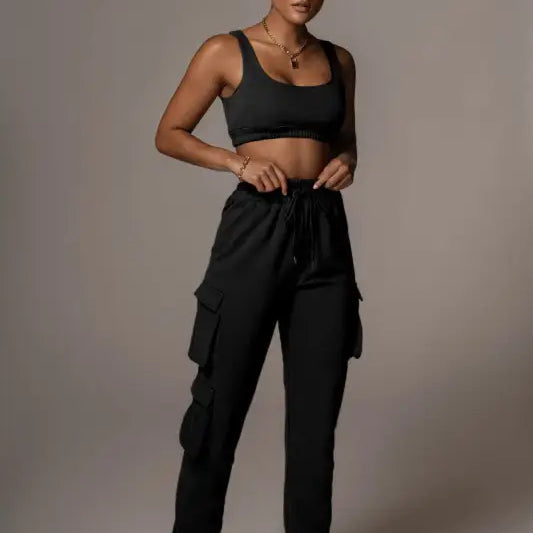 Vetements black cargo pants in summer two piece set with body shaping vest
