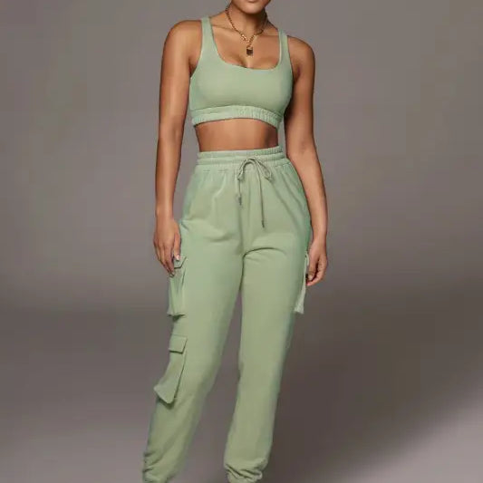 Mint green two piece set with body shaping vest and pocket ankle tied trousers