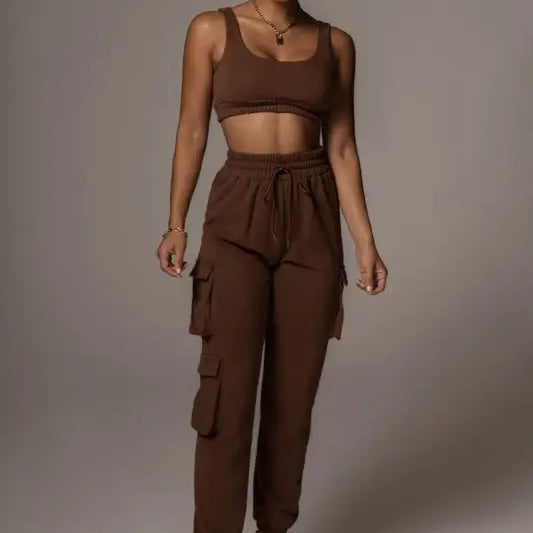 Brown high-waisted pocket ankle tied trousers in two piece set