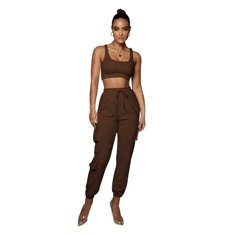 Summer two piece set: body shaping vest and pocket ankle tied trousers
