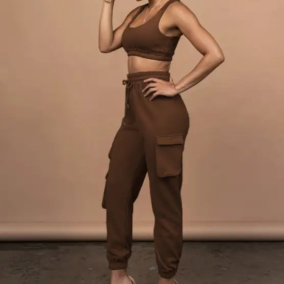 Brown pocket ankle tied trousers in summer two piece set with body shaping vest