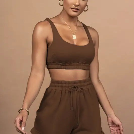 Brown ribbed knit crop top in Summer two piece set with body shaping vest