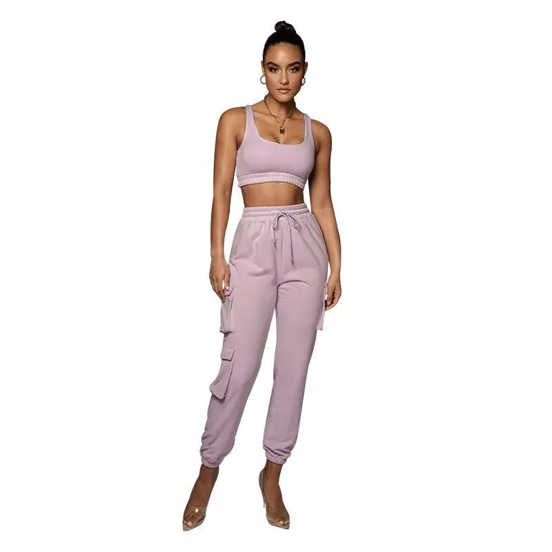 Summer two piece set: body shaping vest and pocket ankle tied trousers