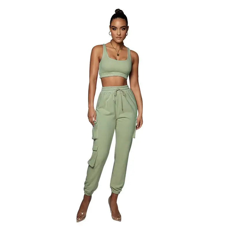 Olive green two piece set with body shaping vest and pocket ankle tied trousers
