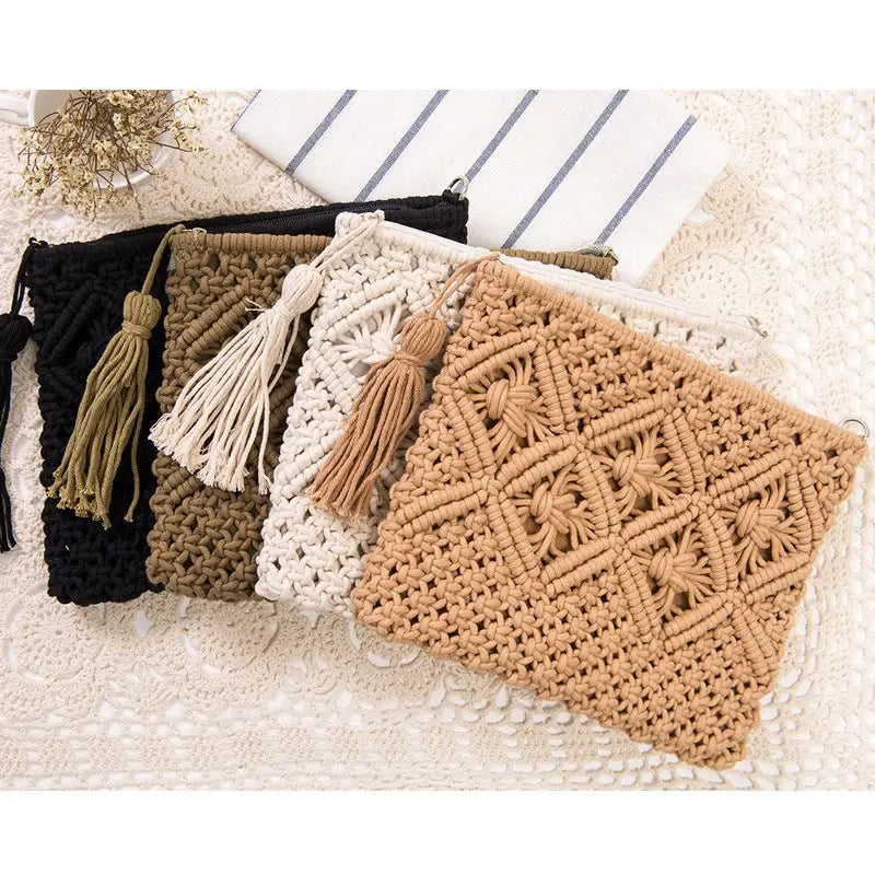 Crocheted clutch purses in black, brown, white, and beige for a bohemian beach bag