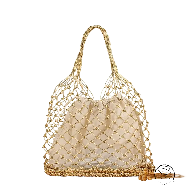 Gold-toned crocheting woven bag with drawstring and natural handles