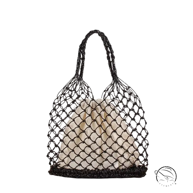 Black crocheting woven bag with mesh knit, drawstring, and braided handles