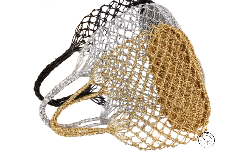 Three crocheting woven bags in black, silver, gold metallic finishes