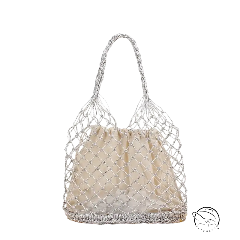 Silver mesh crocheting woven bag with drawstring and braided handles