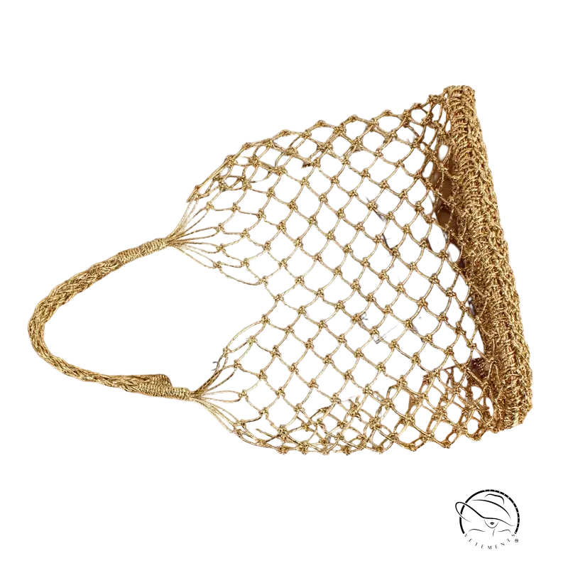 Gold crocheting woven bag with braided handles in mesh design