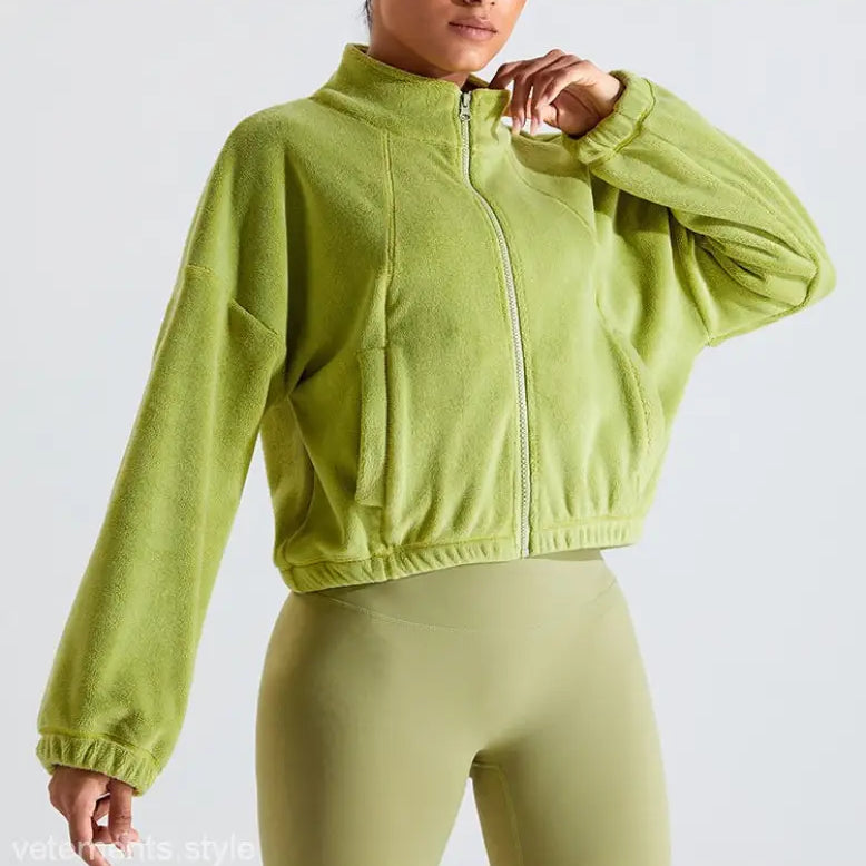 Green fleece sports jacket from Temperament Pink collection for fall winter outdoor wear