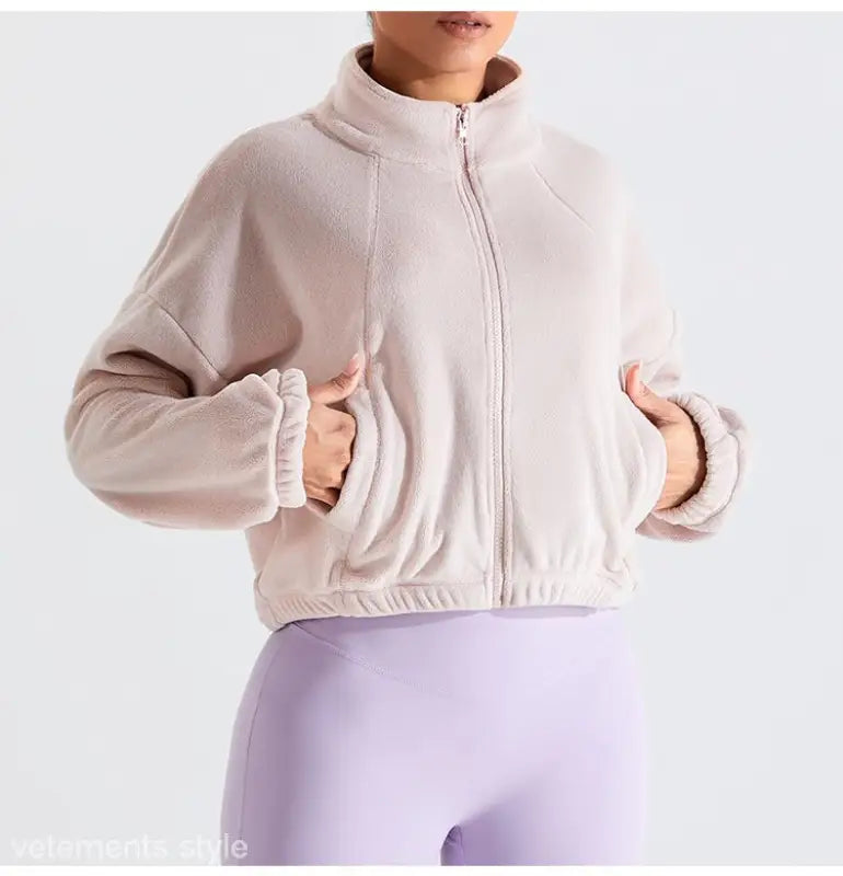 Beige fleece sports jacket from Temperament Pink Fleece Sports Jacket for Fall/Winter Outerwear collection