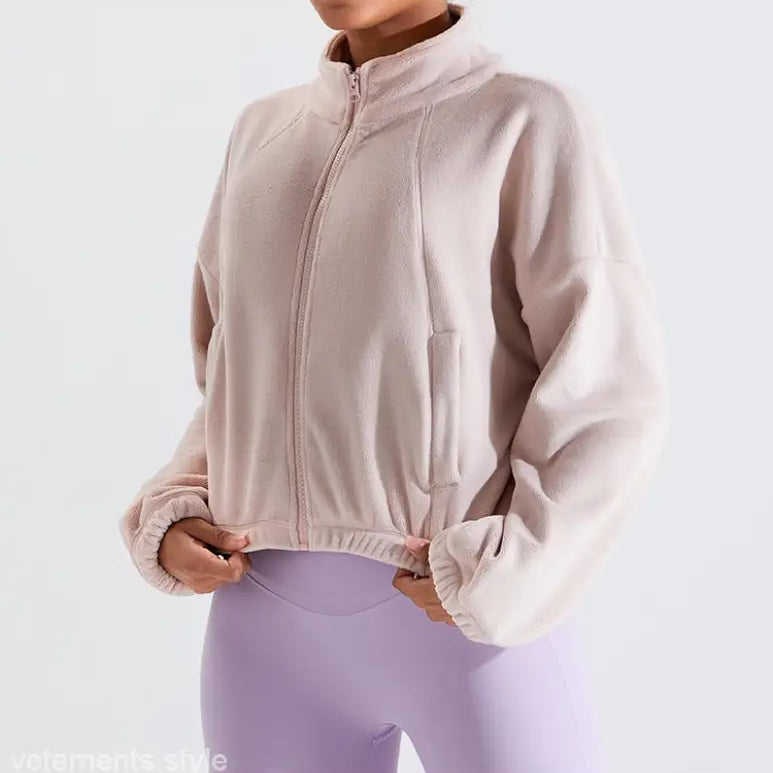 Light pink fleece sports jacket from Temperament Pink collection for fall winter outerwear