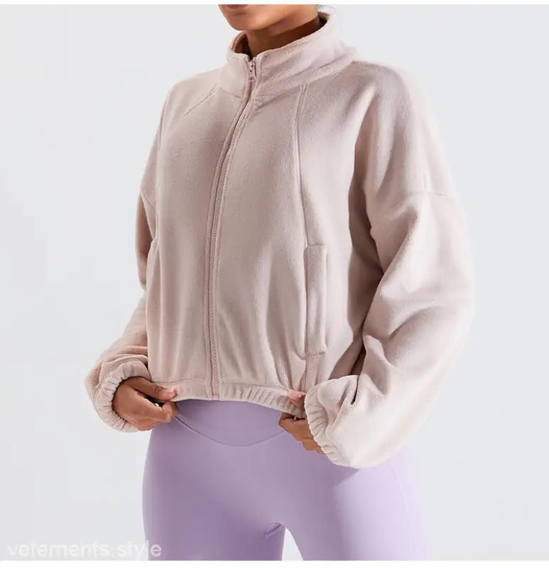 Light pink fleece sports jacket from Temperament Pink collection for fall winter outerwear