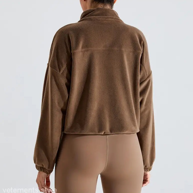 Temperament Pink fleece sports jacket with brown fleece pullover and leggings for fall winter outdoor wear