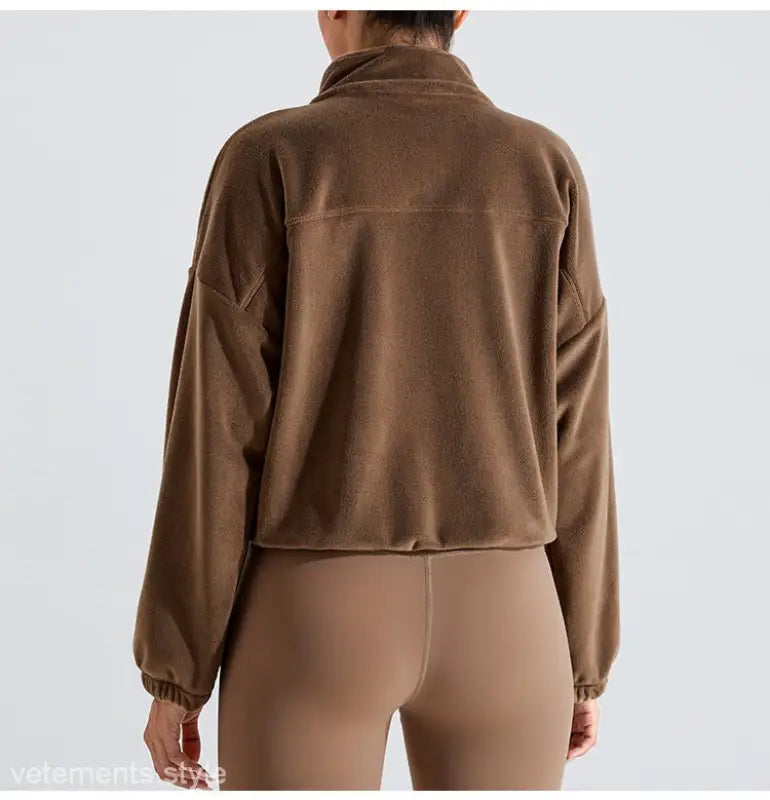 Temperament Pink fleece sports jacket with brown fleece pullover and leggings for fall winter outdoor wear