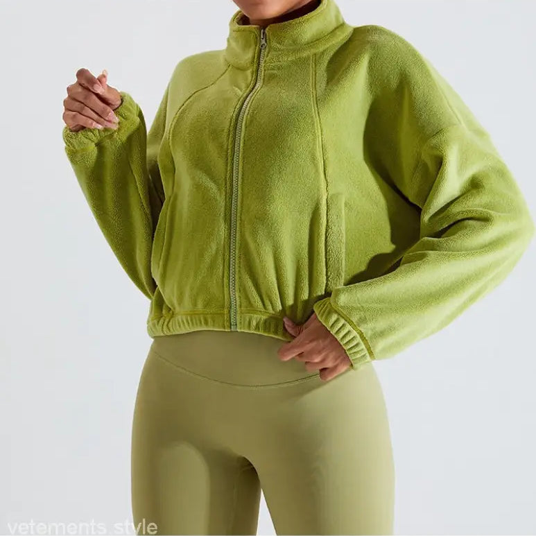 Green fleece sports jacket and leggings, Temperament Pink Fleece Sports Jacket for Fall Winter Outerwear