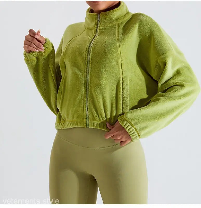 Green fleece sports jacket and leggings, Temperament Pink Fleece Sports Jacket for Fall Winter Outerwear