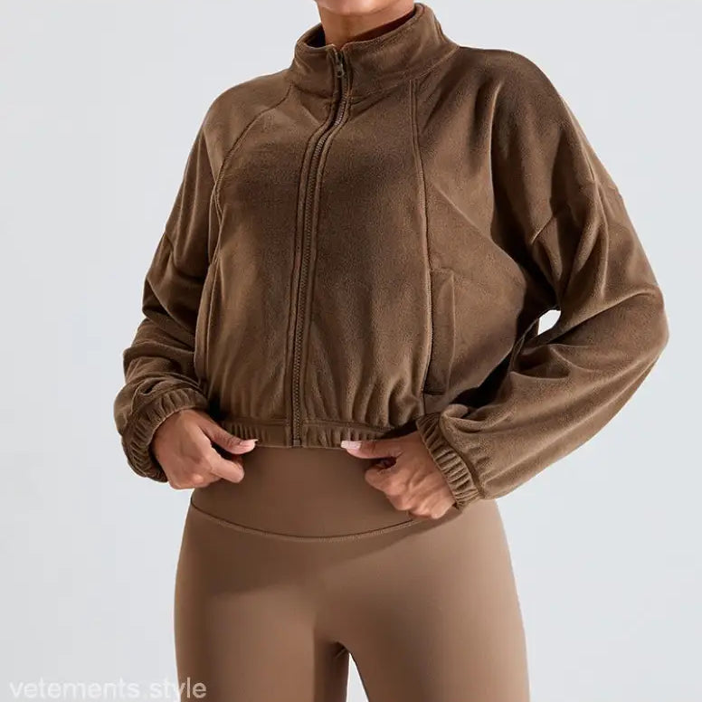 Brown fleece sports jacket with zip-up design, part of the Temperament Pink collection