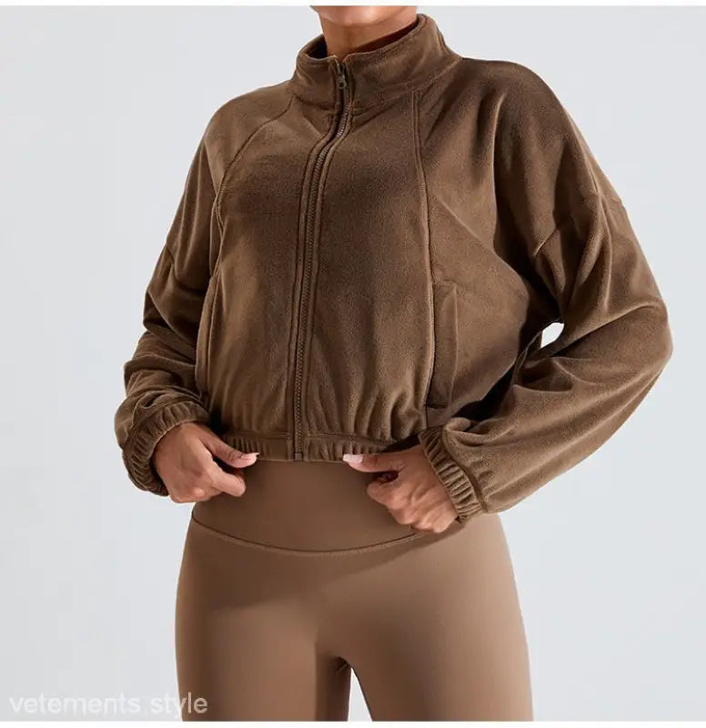 Brown fleece sports jacket with zip-up design, part of the Temperament Pink collection