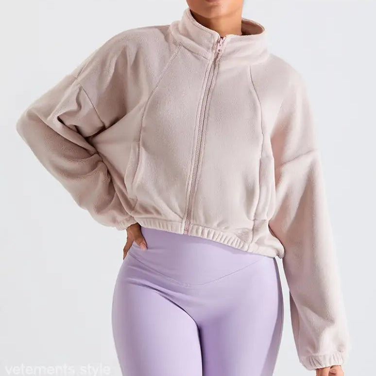 Temperament Pink fleece sports jacket with beige zip-up design and lavender leggings