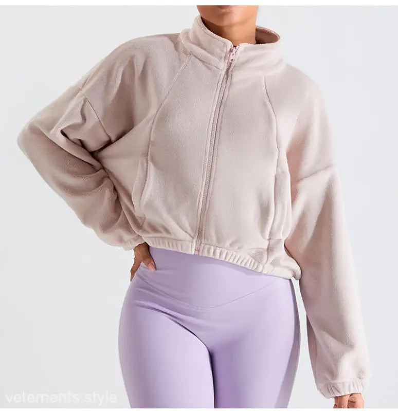 Temperament Pink fleece sports jacket with beige zip-up design and lavender leggings
