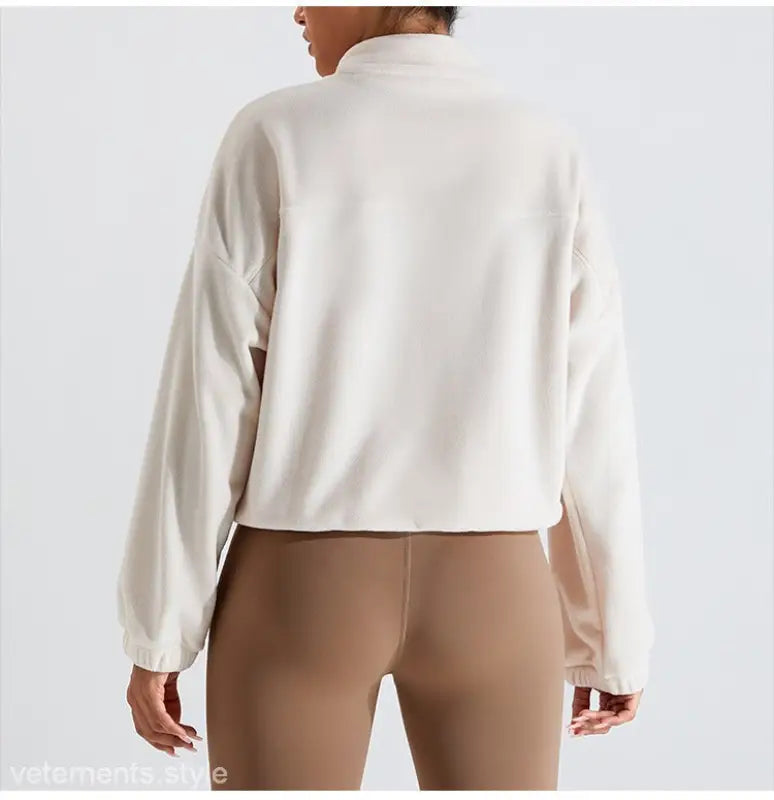Temperament Pink fleece sports jacket with beige fleece pullover and leggings for fall winter