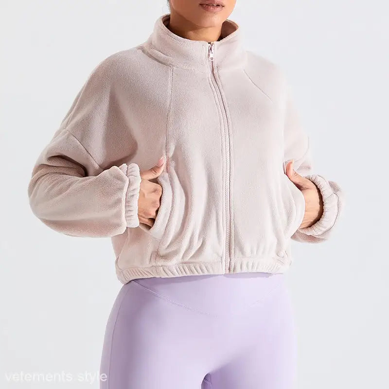 Beige fleece sports jacket with zip-up design from Temperament Pink collection, ideal for fall and winter outdoor wear