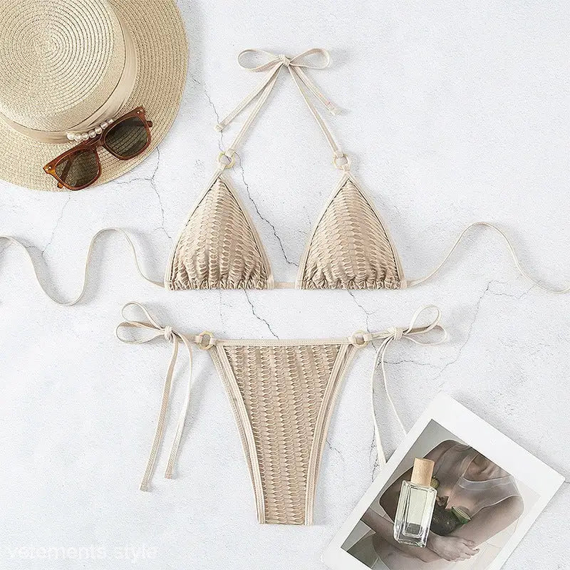 Beige woven sexy lacing bikini, Textured Solid Tie Strap Halter for summer vacations