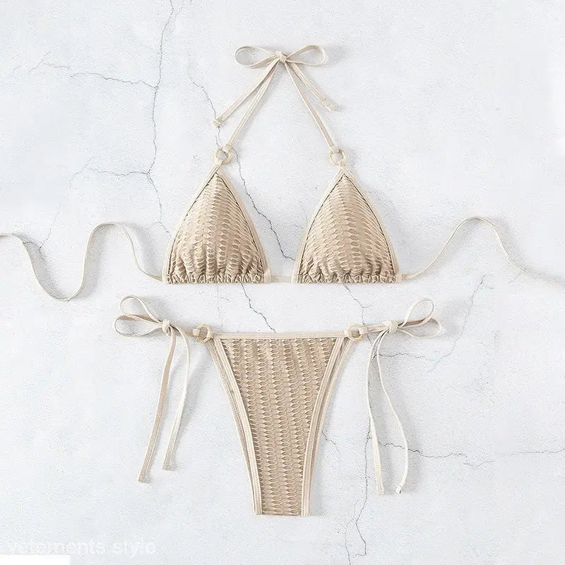 Beige woven Textured Solid Tie Strap Halter Lacing Bikini for summer vacations