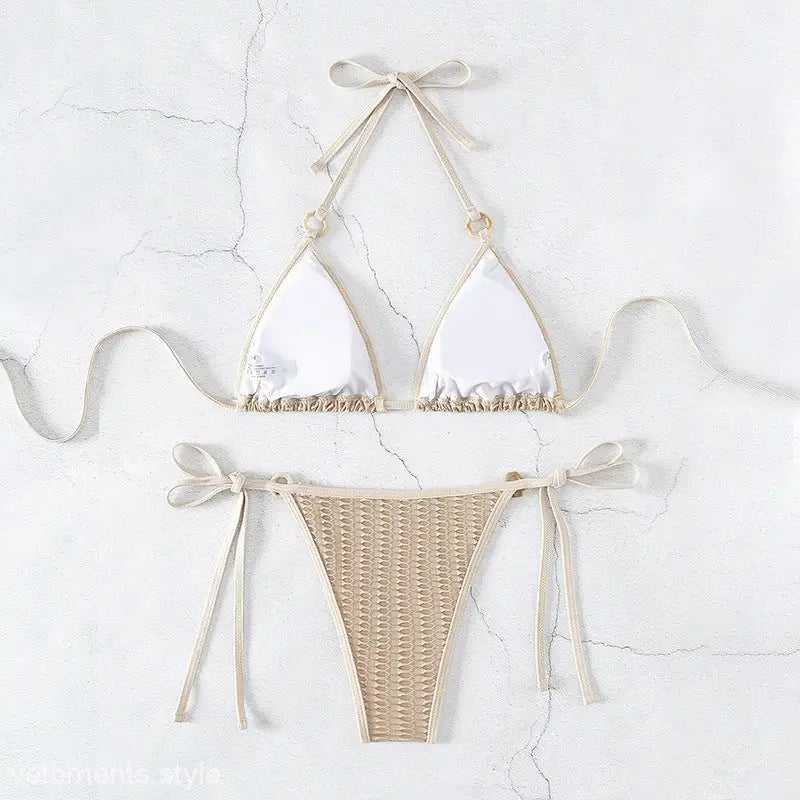 Beige and white Textured Solid Tie Strap Halter Lacing Bikini ideal for summer vacations
