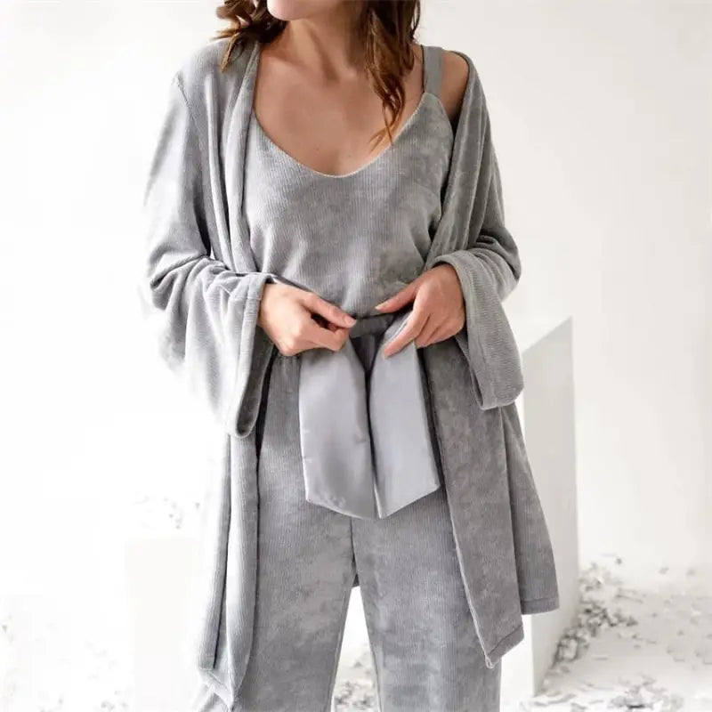 Gray lounge set, three-piece knitted winter pajamas for spring and fall comfort