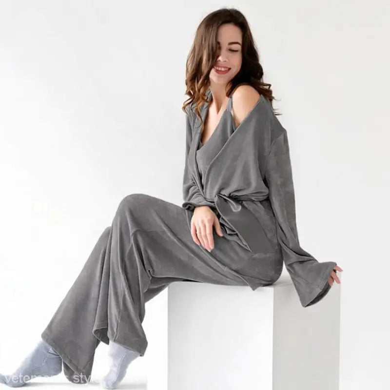 Gray velour pajama set showcasing three-piece knitted winter pajamas for spring and fall
