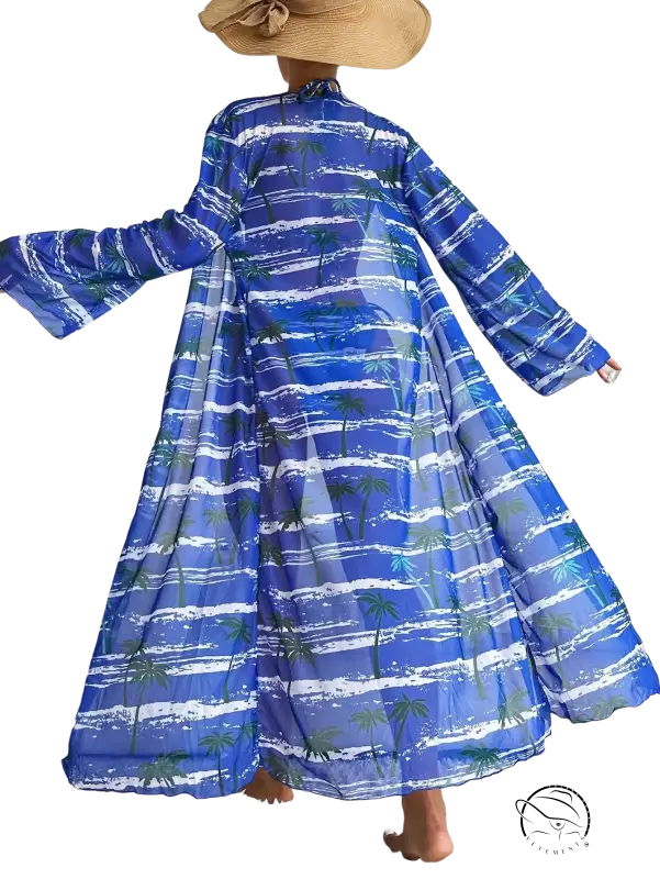 Three piece long sleeve swimsuit with blue robe and tan sun hat