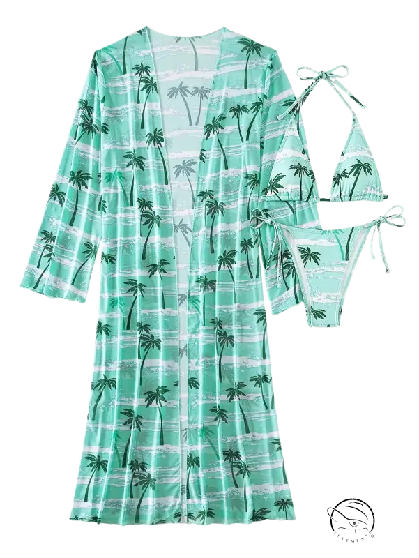 Mint green three piece long sleeve swimsuit with palm tree print