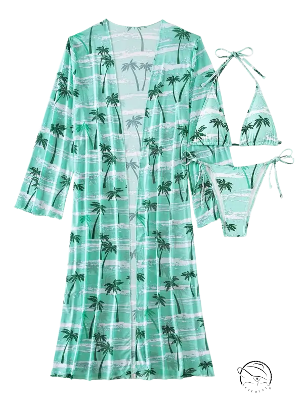 Mint green three piece long sleeve swimsuit with palm tree print