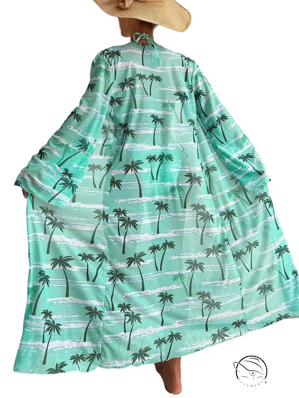 Three piece long sleeve swimsuit with turquoise palm tree cover-up and sun hat