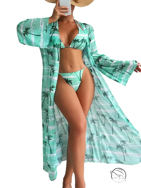 Three piece long sleeve swimsuit with turquoise palm tree print beach cover-up