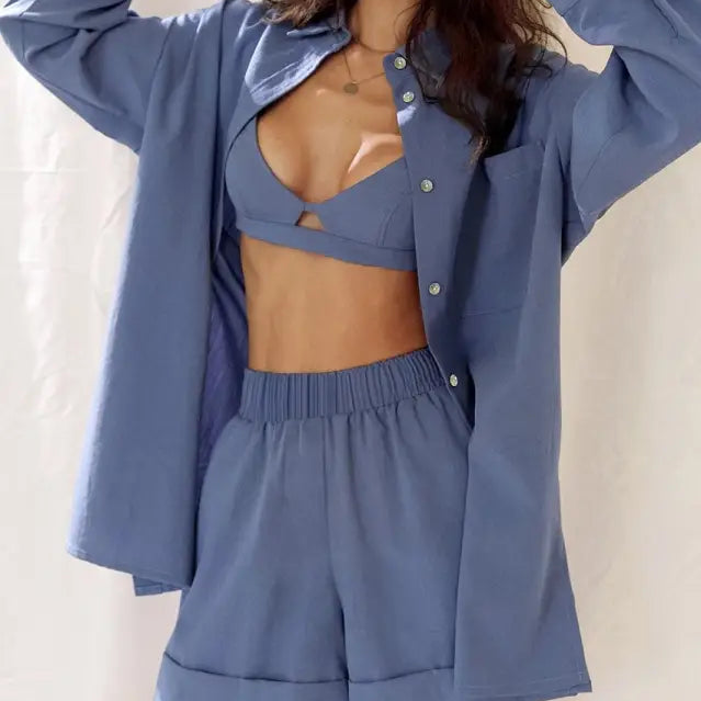 Blue linen lounge set from the summer poplin pajamas three-piece set collection